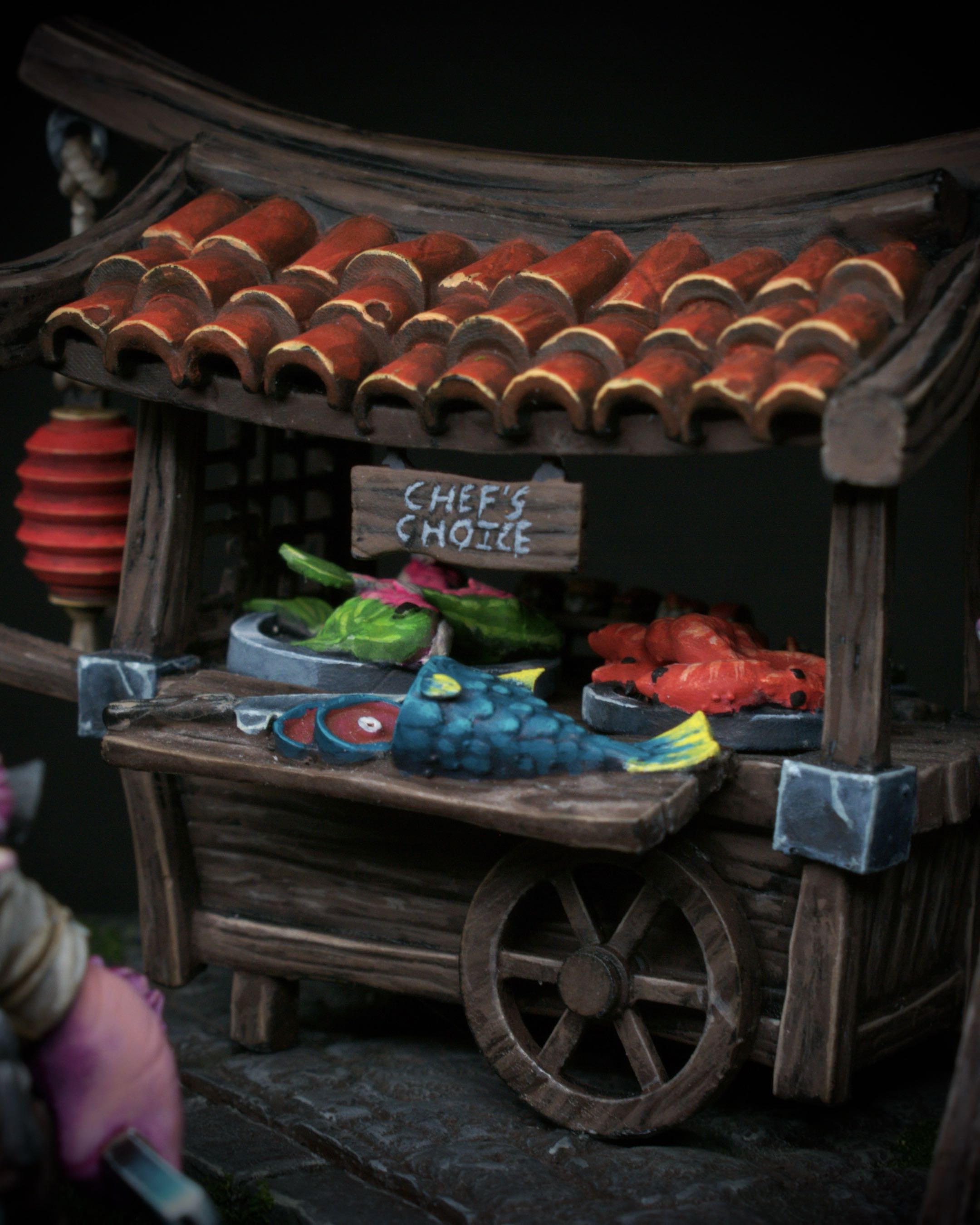 Close view of the painted fantasy sushi cart.