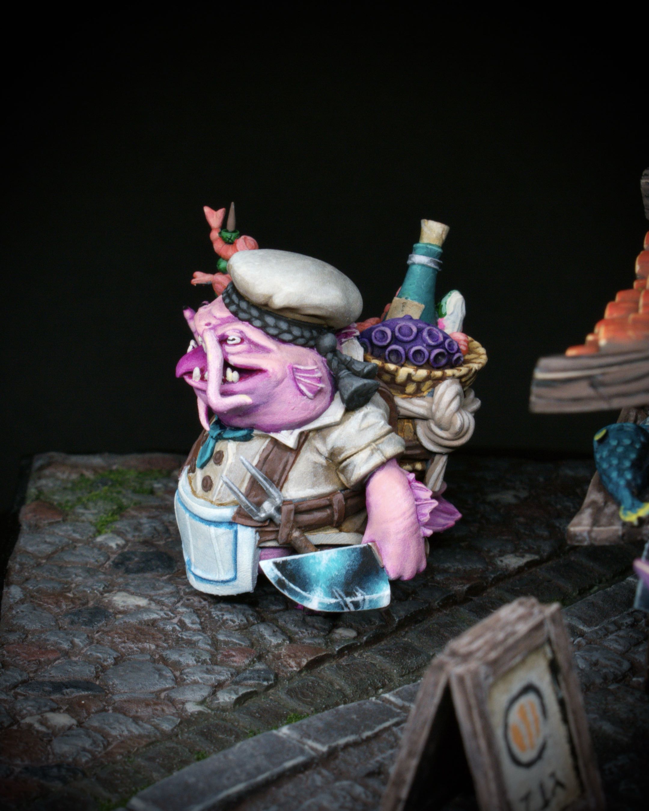 Alternate view of the sushi chef miniature and street scene.